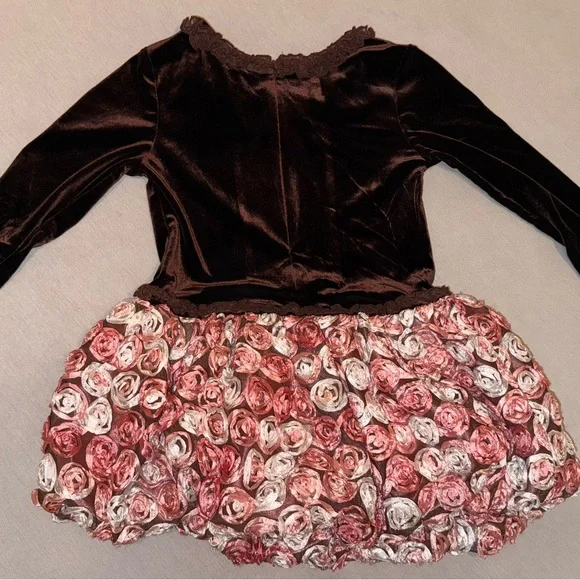 Bonnie Jean Brown Velvet Dress with Pink Floral Rosette - Picture 2 of 5